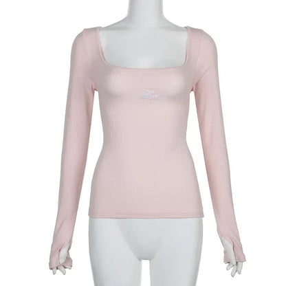 Voguable   Lolita Style Back Ribbons Tie-up T-shirts Y2K Slim-fit Knitted Tops Pink Sweet Casual Basic Tees Japanese