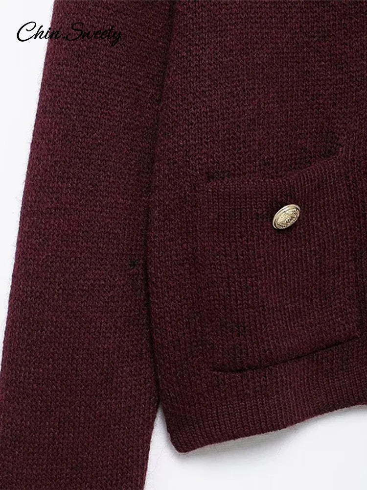 Autumn Knit Burgundy Women’s Cardigans O-neck Single-breasted Long Sleeve Pocket Top  Autumn Winter Lady All-match Knitwear