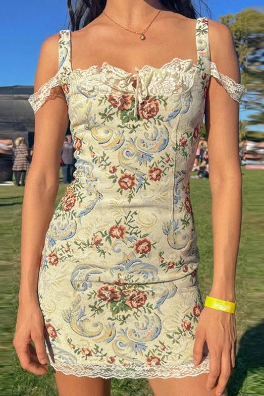 Floral Print Lace Sleeveless Backless Mini Dress