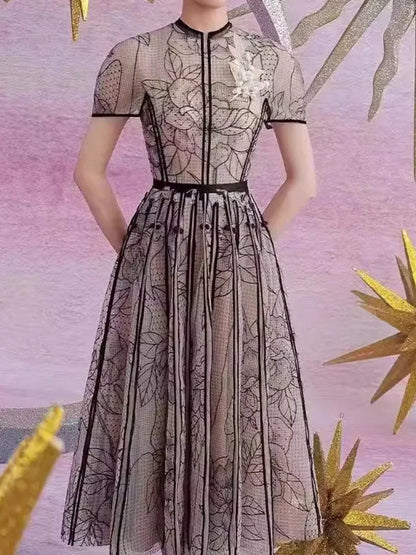 Vintage Party Dress Fashion O Neck Short Sleeve Lace Mesh Embroidery Elegant Long Dresses For Women 2025 Spring Summer 8980