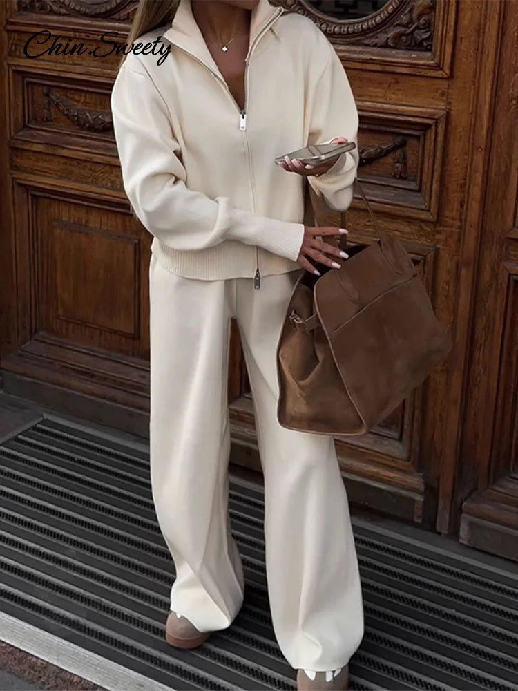 Knitted Pants Sets Women Stand Collar Zipper Cardigan Loose High Waist Pants Suits  Autumn Winter New in Matching Outfits