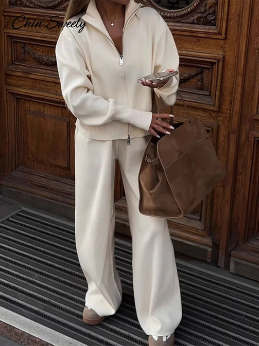 Knitted Pants Sets Women Stand Collar Zipper Cardigan Loose High Waist Pants Suits  Autumn Winter New in Matching Outfits