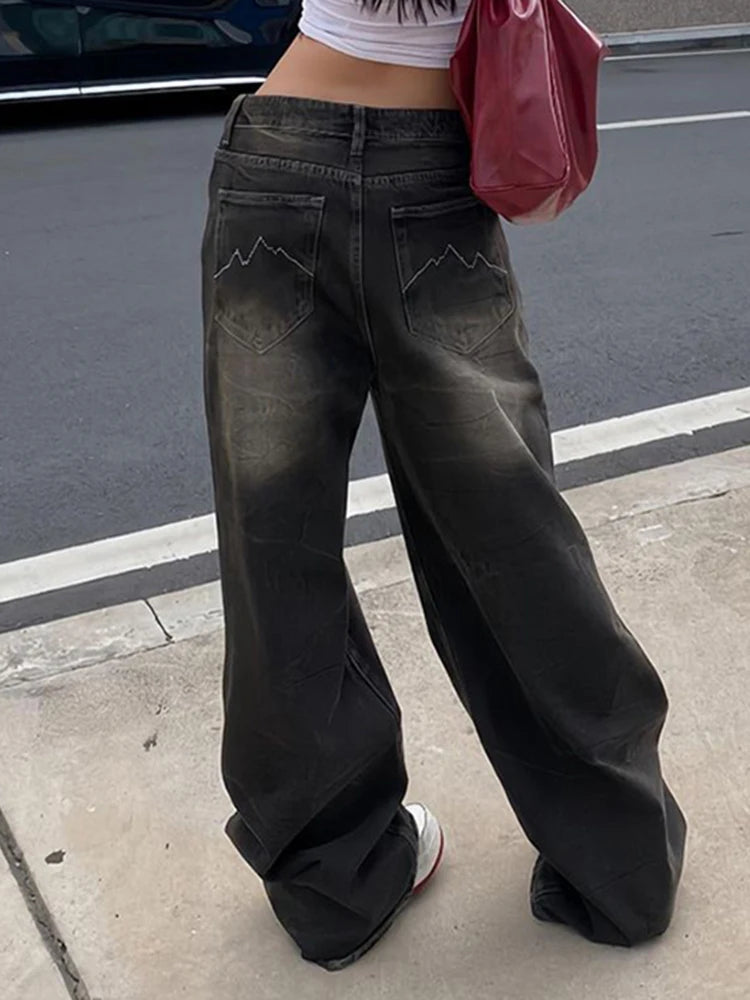 American Retro Casual Straight Leg Jeans Woman Vintage Street Style Distressed Denim Pants