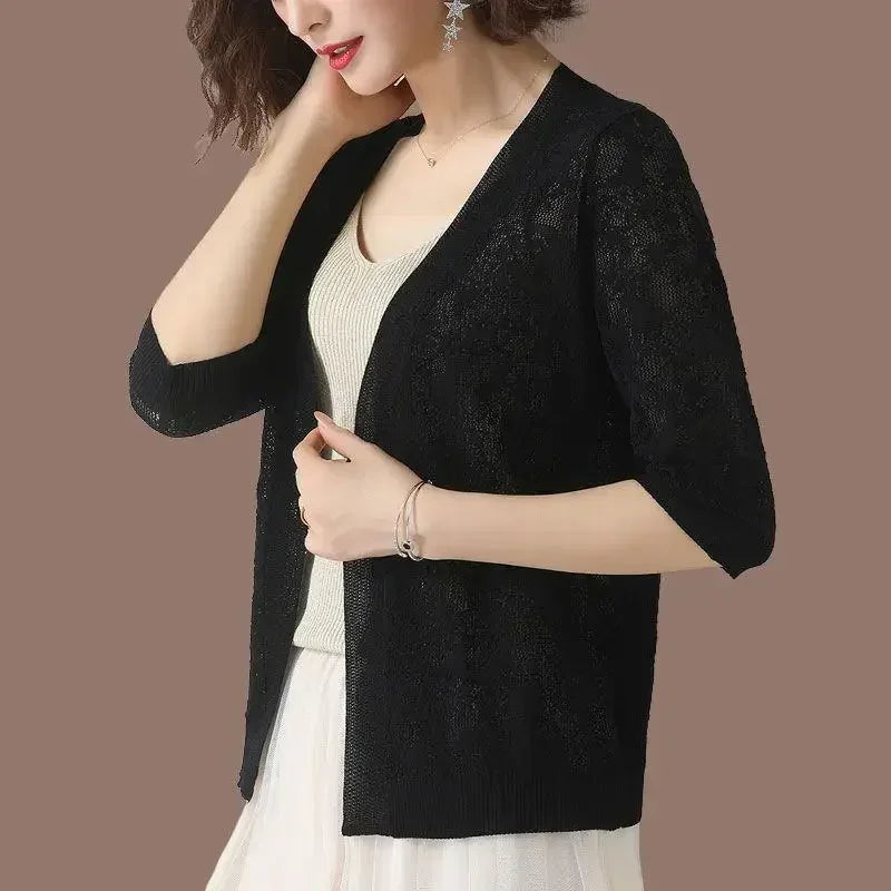 Sexy Hollow Lace Sunscreen Cardigan Sweater Women Wide Loose Air Conditioning Knitted Sweater Thin Section Female Spring Autumn