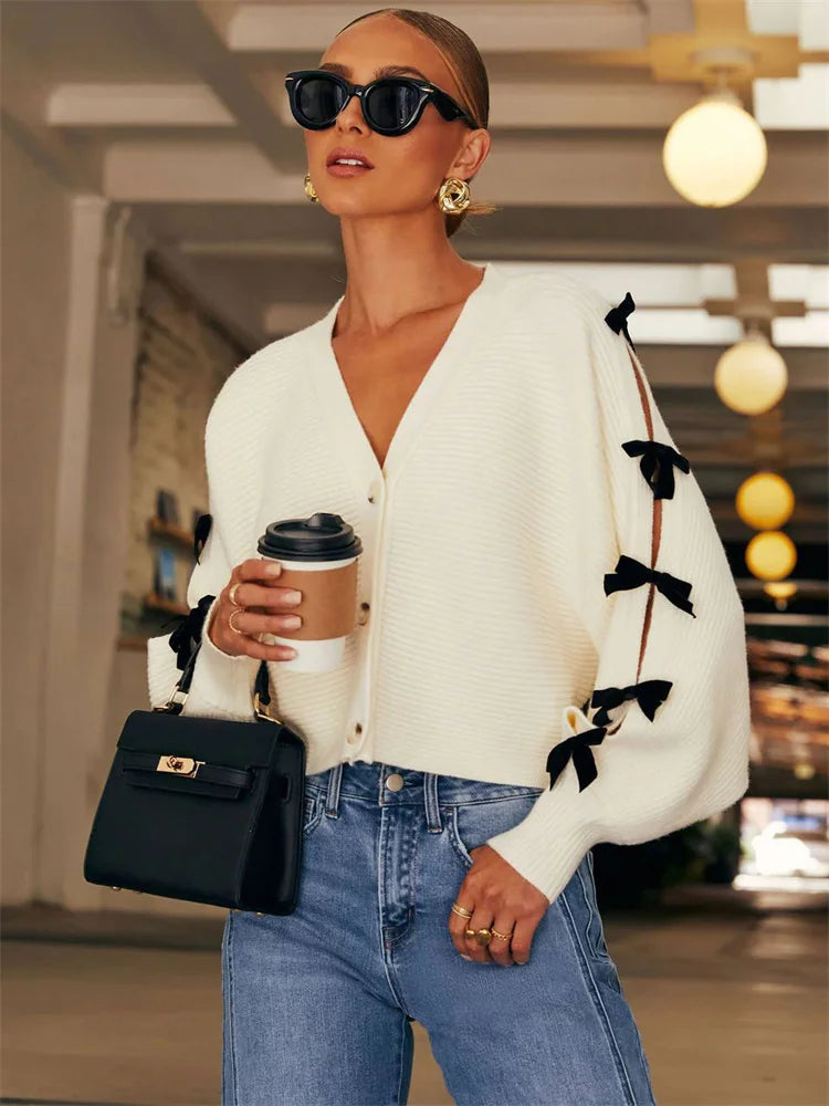 Tee Bow Knit Cardigan Sweater Women V-Neck Ribbed Hollow Out Casual Contrast Lace-Up Knitwear Coat Female Elegant Outwear
