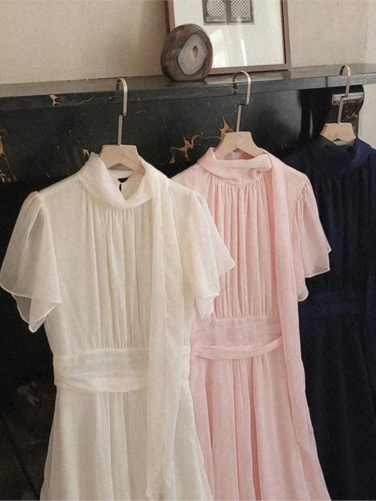 Elegant Solid Midi Dresses for Women Ruffles Half-high Collar A-line Office Lady Casual Korean Fashion Autumn Vestidos Mujer New