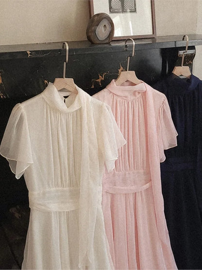 Elegant Solid Midi Dresses for Women Ruffles Half-high Collar A-line Office Lady Casual Korean Fashion Autumn Vestidos Mujer New