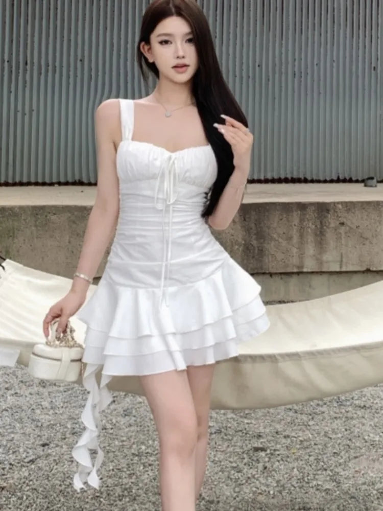 Summer New Holiday Beach Style Short Dresses for Women Spaghetti Strap Ruffles A-line Birthday Party Dress Korean Chic Vestidos