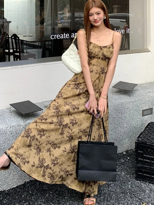 French Vintage Printed Midi Dresses for Women Spaghetti Strap Corset Slim A-line Summer New Casual One Piece Vestido Mujer