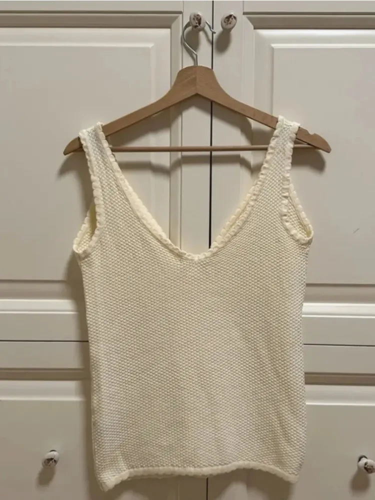 Retro Deep V Neck Crop Top Y2k Ruffle Vintage Tank Tops WoTie Up Bow Knitted Woman Backless Cute Tops New
