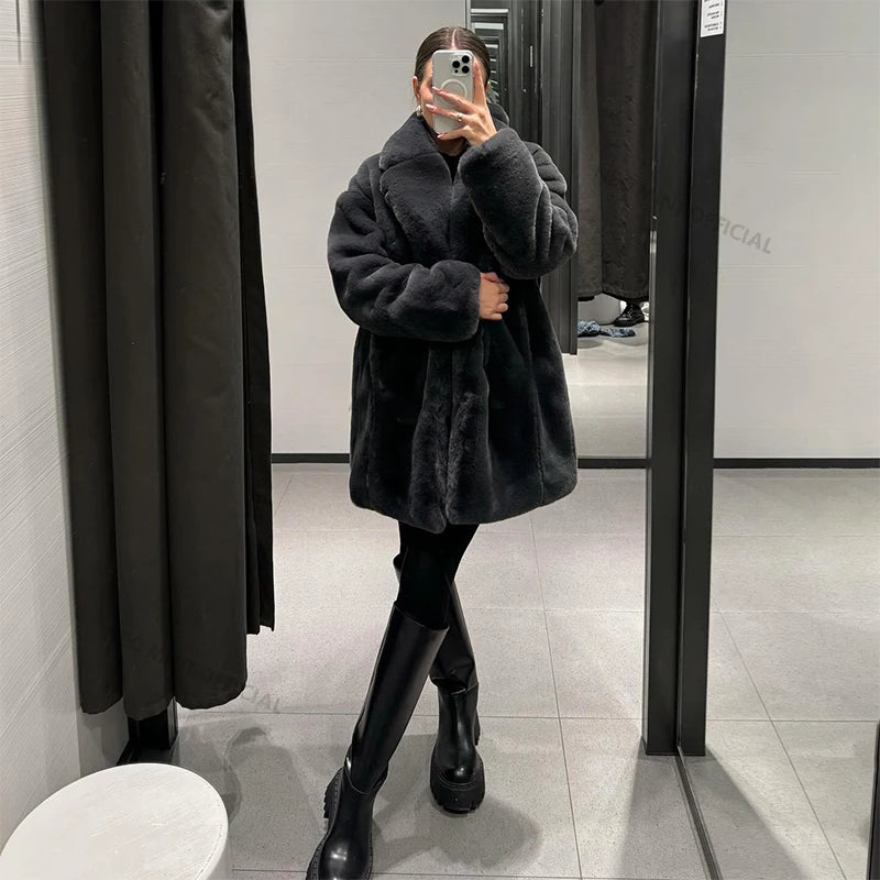 Winter Faux Rabbit Fur Coat Women Brand Designer Thick Warm Outerwear Jacket Fur Collar Classic Dark Gray Overcoat