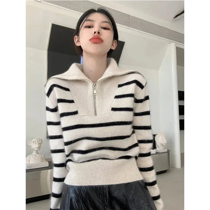 Women’s Striped Sweater Zip Thick Fall Loose Turtleneck Knit Jumper Turn-down Collar Casual Oversize Fashion Women Sweaters