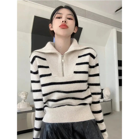 Women’s Striped Sweater Zip Thick Fall Loose Turtleneck Knit Jumper Turn-down Collar Casual Oversize Fashion Women Sweaters