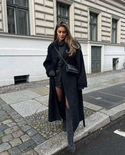 Fashion Double Breasted Women's Woolen Overcoat Elegant Lapel Long Sleeve Jacket With Belt Female New Commute Outerwear