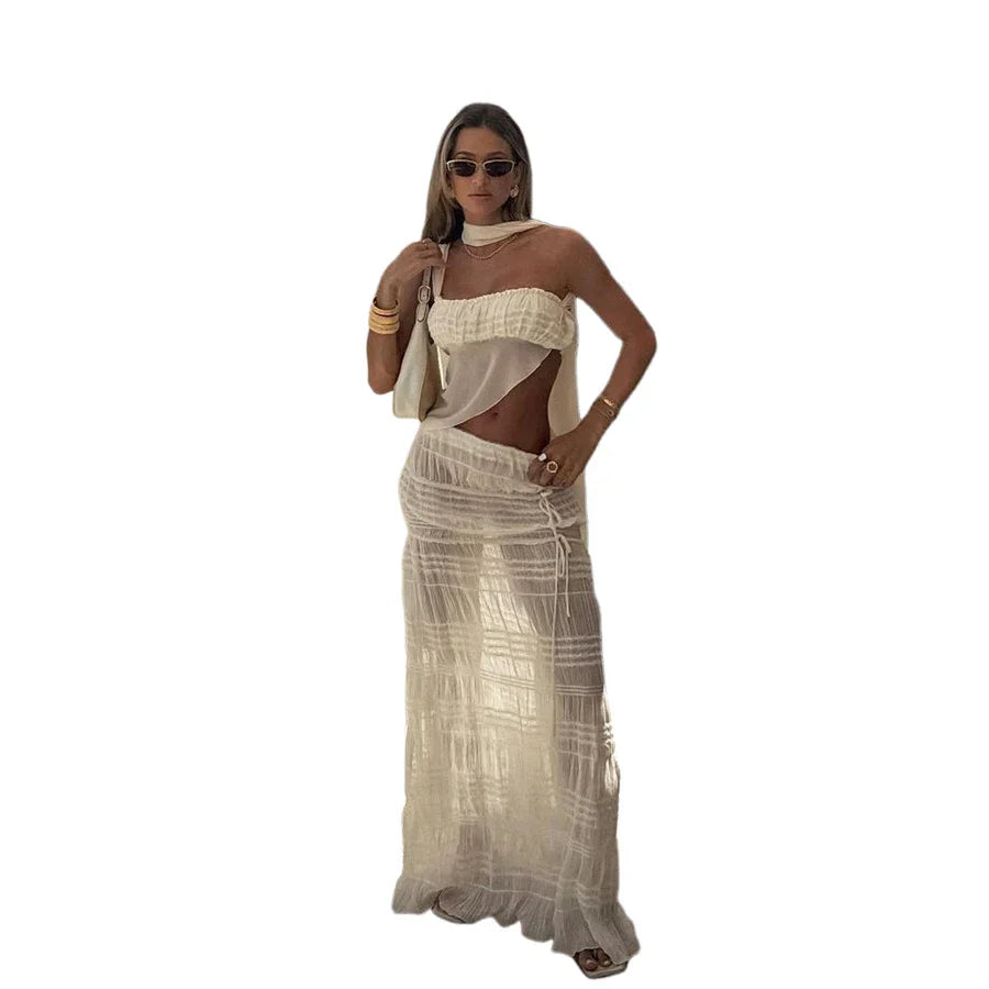 Beach Party Two-Piece Set See Through Scarf Mini Wrap Top Mesh Irregular Hem+Multi-Pleated Bottoms Matching Pretty Suits