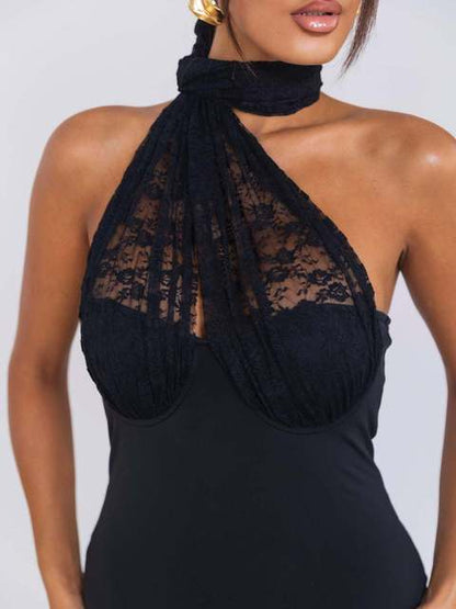 Sexy Hanging Collar Lace Patchwork Deep V Evening Dress Women Elegant Backless Party Club Vestido Autumn/winter  New