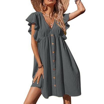 Short Sleeve Black Ruffle Dresses Women 2025 V-Neck Loose High Waist Sexy Dress for Summer Fashion Female Bohemian Sundress