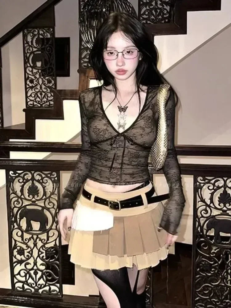 Korean Fashion Crop Top y2k Aesthetic Sweet Lace Patchwork Long Sleeve T Shirt with Bow 2000s Women Clothes Streetwear