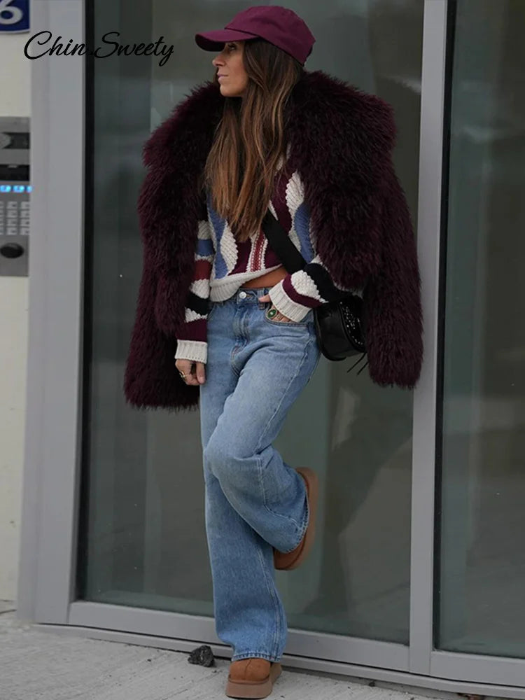 Fashion Women Faux Fur Coat Fluffy Lapel Loose Long Sleeve Burgundy Red Cropped Jacket Female  Winter High Street Outwear