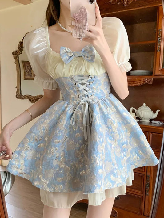 French Vintage Princess Party Dress Lace-up Corset Printed Short Dresses for Women Patchwork Bow Square Collar One Piece Vestido