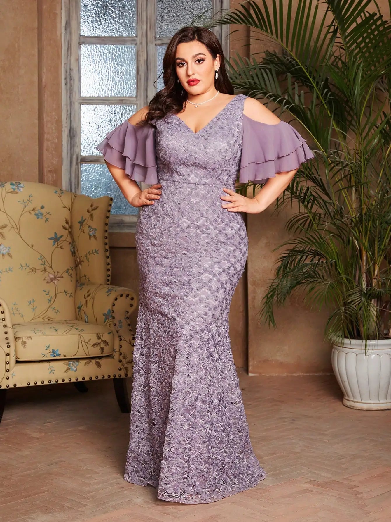 plus sizeV-neck romantic three-dimensional lace patchwork chiffon multi-layer off-the-shoulder sleeve fishtail slim dress