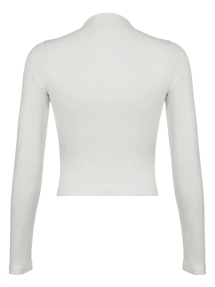 Asymmetrical Twist Half High Collar Elegant White T Shirt Women Solid Slim Long Sleeve Simple Basic Spring Autumn Tees