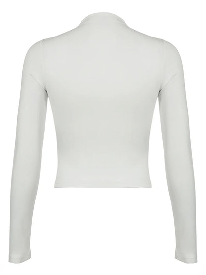 Asymmetrical Twist Half High Collar Elegant White T Shirt Women Solid Slim Long Sleeve Simple Basic Spring Autumn Tees