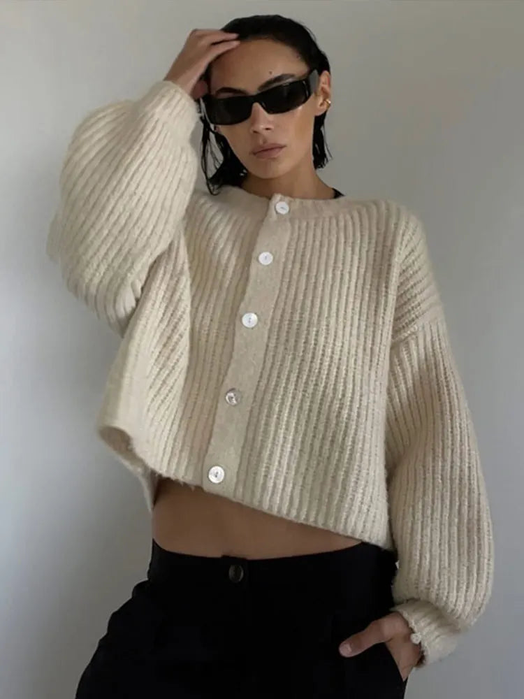 Retro Plush Single Breasted Cardigan Women Elegant Loose Solid O-neck Short Sweaters Female Winter Autumn Chic Street Knitwear