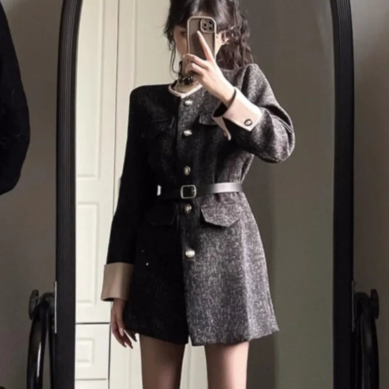 Autumn Winter Mini Dresses for Women with Belt Turn-down Collar Patchwork O-neck Korean Fashion Blazer Dress Casual Vestidos