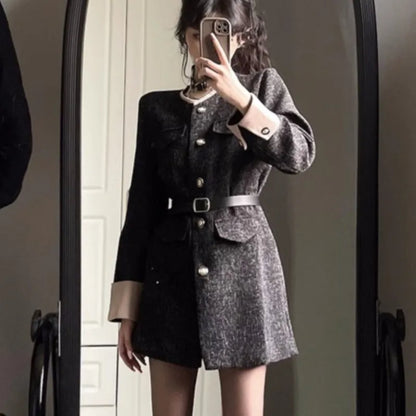 Autumn Winter Mini Dresses for Women with Belt Turn-down Collar Patchwork O-neck Korean Fashion Blazer Dress Casual Vestidos