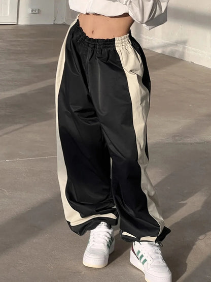 Contrast Patchwork Track Pants Women Elastic High Waist Casual Loose Hippie Baggy Trousers Woven Jogging Sweatpants