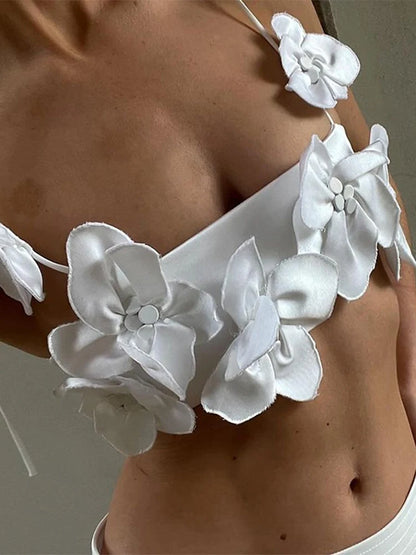 Fashion 3D Floral Strap Cropped Tops For Women  Summer New Sexy Sleeveless Solid Flower Short Tops Lady Chic Beachwear