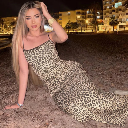 Leopard Print Spaghetti Backless Long Women’S Dresses Summer Elegant Evening Beach Vacation Dress Party Ladies Outfit