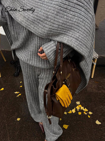 Lazy Loose Knit Burgundy Red Pant Set With Scarf Women Long Sleeve V-neck Jumper Wide Leg Full-length Pants Suit Lady Outfits