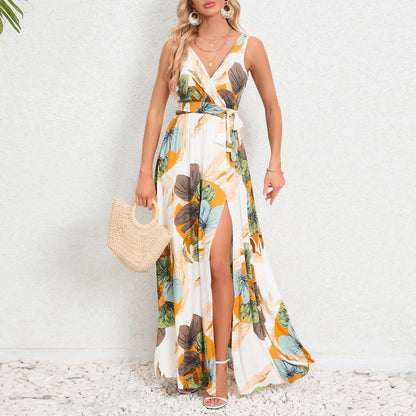 Summer Flower Print Sleeveless Long Dresses Women Sexy V-neck Slim Leace-up Slit Dress Female Fashion Commuting Vacation Vestido