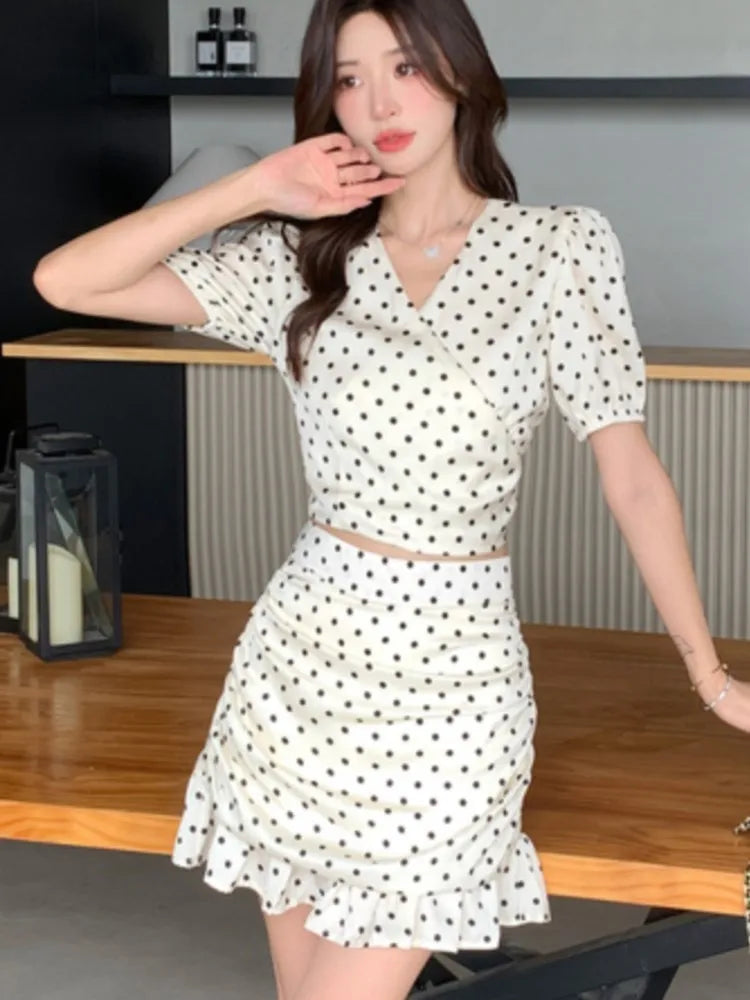 New Summer Two-piece Skirt Set Women Elegant Polka Dot V-neck Cropped Top Bodycon Short Skirt Y2K Sexy Korean Fashion Outfits