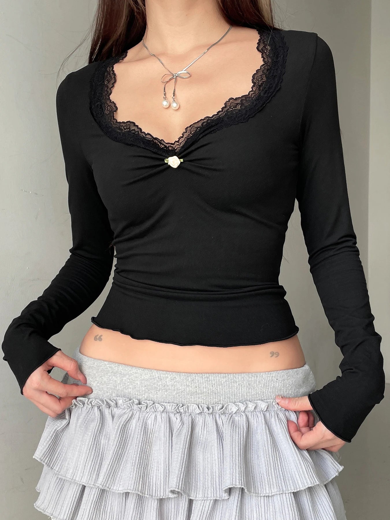 Solid Ruched Lace Trim Square Collar T-Shirt Women Slim Long Sleeve Hotsweet Retro Autumn New Top Tees Chic