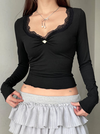 Solid Ruched Lace Trim Square Collar T-Shirt Women Slim Long Sleeve Hotsweet Retro Autumn New Top Tees Chic