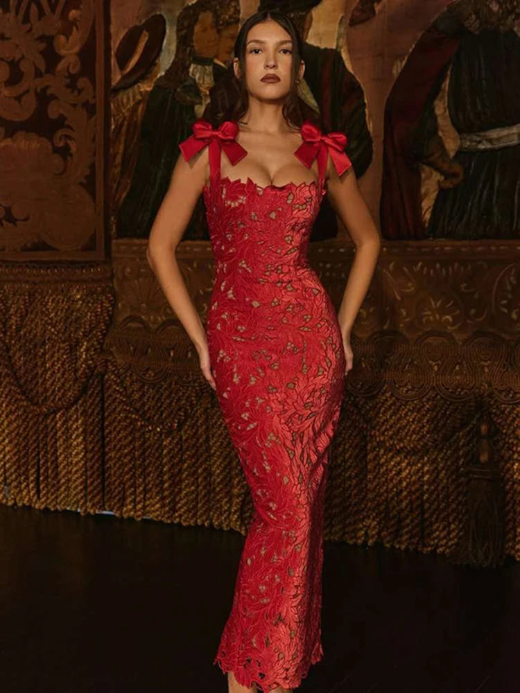 Bows Lace Sexy Maxi Dress For Women Fashion Sleeveless Backless Bodycon New Year’s Birthday Club Party Long Dress