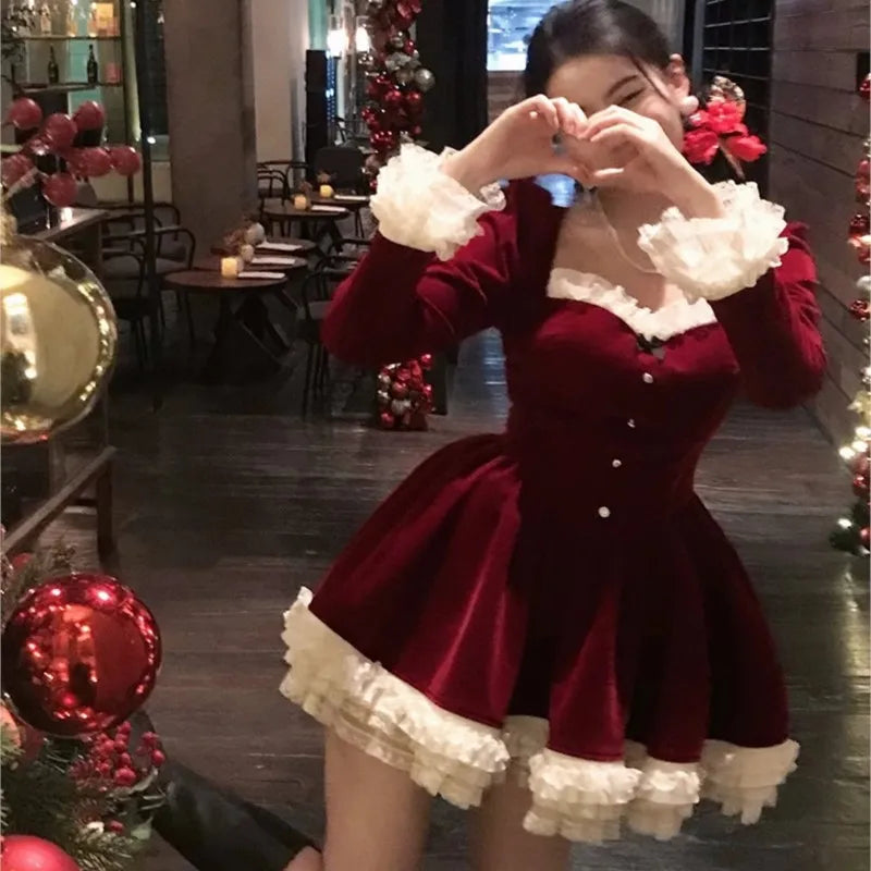 Elegant Velvet Lace Ruffles Patchwork Short Dresses for Women Long Sleeve A-line Korean Fashion Christmas Birthday Party Dress