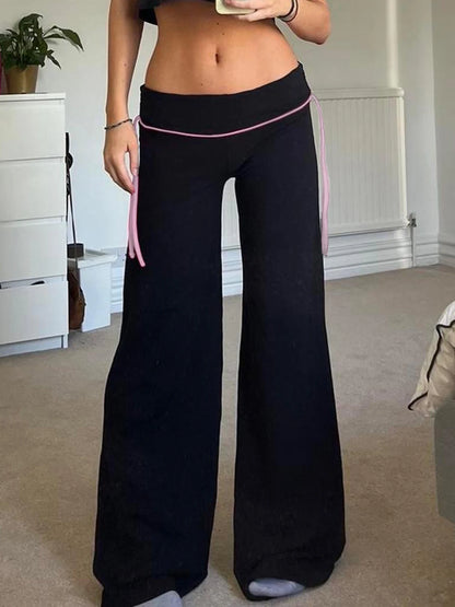 Contrast Lace-Up Low Waist Y2K Flared Pants Women Black Basic Simple Casual Sweet Style Trousers