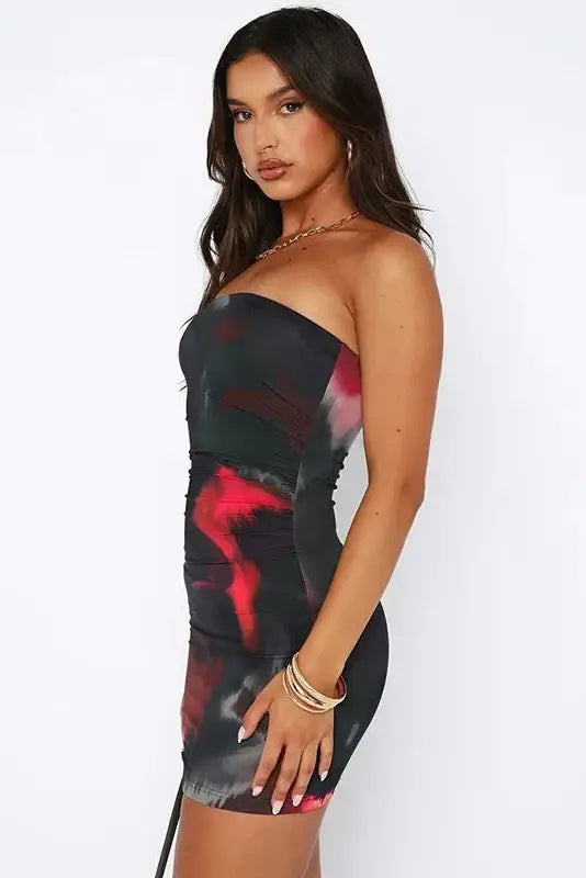 Tie Dye Strapless Backless Mini Dress