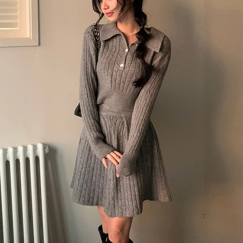 Korean Fashion Two-piece Set Women Pullover Turn-down Collar Crop Top Mini Skirt Solid Casual Suit Autumn New Knitwear Outfits