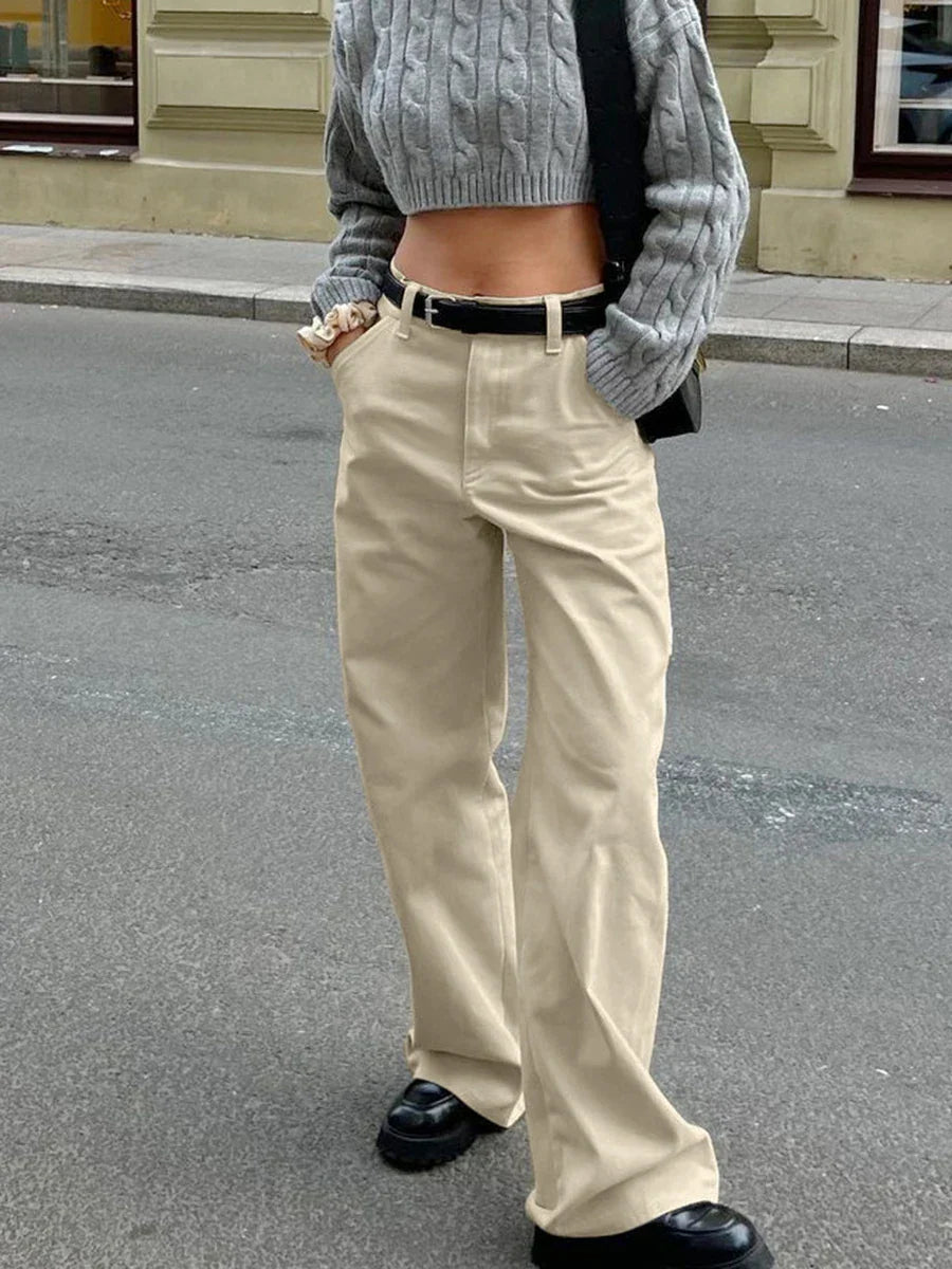 Khaki Classic Wide Leg Pant Women High Waist Pocket Loose Simple Trouser Autumn Winter Streetwear Fashion Casual Pants New