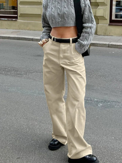 Khaki Classic Wide Leg Pant Women High Waist Pocket Loose Simple Trouser Autumn Winter Streetwear Fashion Casual Pants New