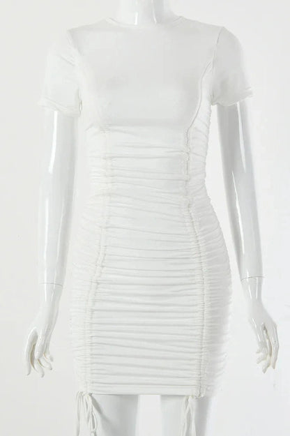 Lace Up Pleated Short Sleeve Mini Dress
