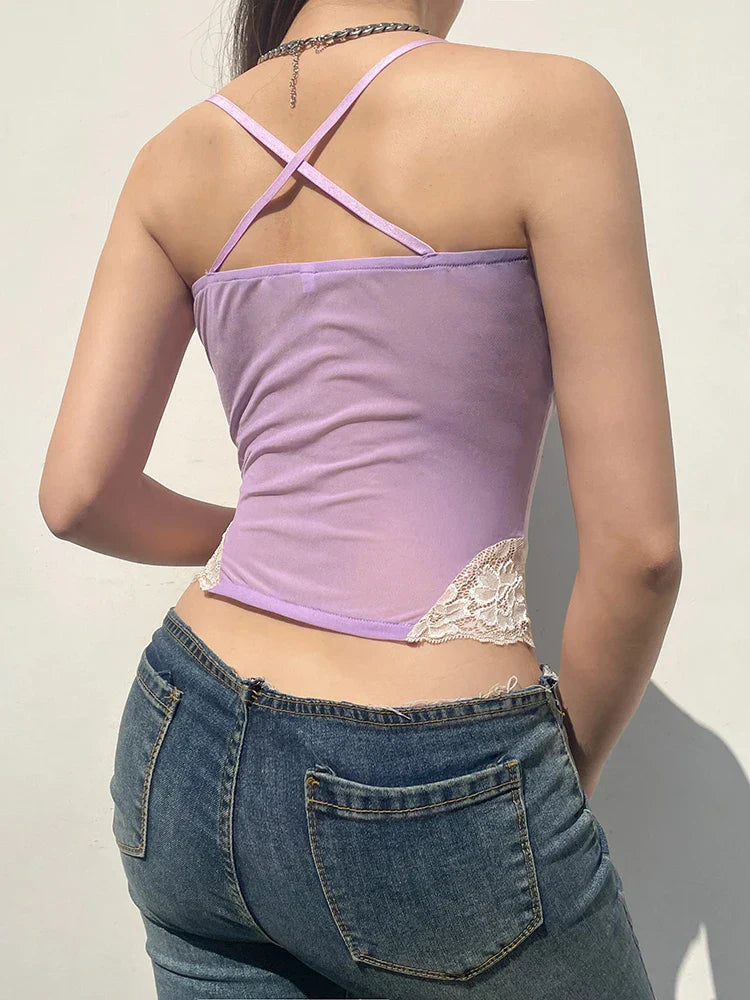 Voguable  y2k Lace Patchwork Purple Coquette Mesh Corset Backless Criss-cross Halter Camis Sweet Aesthetic Crop Top
