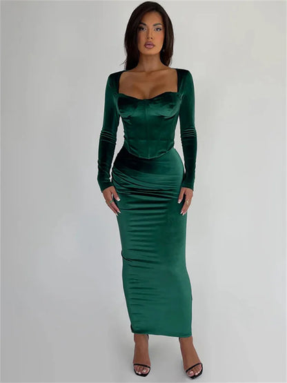 Autumn Scoop Neck 2 Piece-Set Maxi Skirt For Women Patchwork Long Sleeve Slim Luxury Party Looks Female Skinny Outfits New