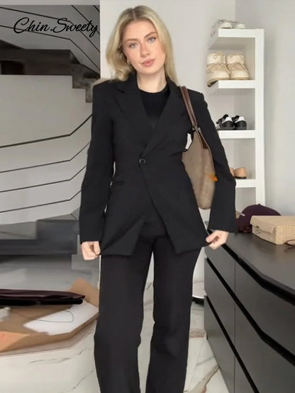 Elegant Metal Button Blazer Suit Women Slim V Neck Long Sleeve Fake Pocket Jacket  Autumn Shoulder Pads Office Lady Outwear