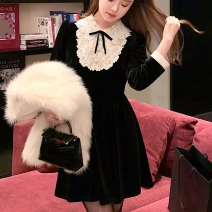 French Vintage Princess Evening Party Dresses Women Lace Patchwork Velvet Mini Dress A-line Korean Fashion Autumn Vestidos Mujer